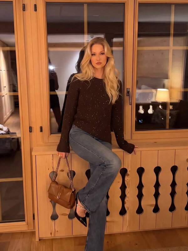 FORYEE Solid Color Round Neck Sequin Ribbed Pullover, Women's Side Slit Asymmetrical Hem Long Sleeve Sweater, Exquisite Urban Style Knit Top