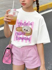 Tween Girl Casual Fun Print Round Neck Pullover Short Sleeve T-Shirt Summer Top - White - View 2