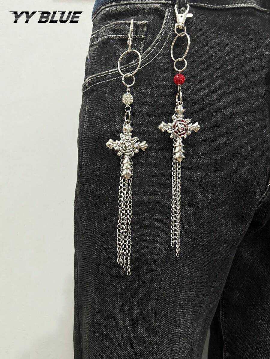1pc Fashion Gothic Cross Waist Accessory, Minimalist Style Rhinestone Ball & Cross Design, Stainless Steel Chain Tassel Pants Chain, Unisex Daily & Holiday Wear Clothing Chain, Gift Jewelry - Multicolor - View 1