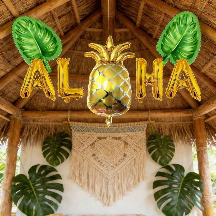 kumozawa 7 Stücke Aluminium-Folienballon Set, geeignet für Hawaii-Themen-Partys, beinhaltet Palmenblatt-, Ananas- und Buchstabenballon-Formen, ideal für Sommerfeste, Geburtstagsfeiern, Festivals, Raumdekoration und Frühlings-/Sommerfeiern - Übersicht 1