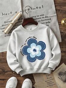 2pcs/Set Girls' Round Neck Sweatshirt And Denim Like Floral Bow Wide Leg Pants Outfit, Printed Denim Like Floral Round Neck Sweatshirt + Denim Like Floral Bow Wide Leg Pants Matching Set, Suitable For Autumn/Winter Daily Wear - Multicolor - View 5