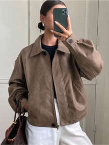 Slouchy Coffee Color Lapel Single-Breasted Dropped Shoulder Loose Short Jacket Top - Coffee Brown - View 4
