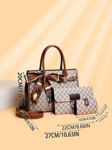 Multi-Color Plaid PU Handbag Crossbody Zipper Bag, Fashionable Versatile Large Capacity Elegant Middle-Aged Women's Bag 3 Pieces Set For Daily Outings - Grey - View 9