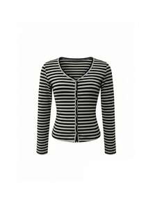 Minimalist Commute Lyocell V-Neck Striped Slim Fit Women's Top Black - Black - View 10
