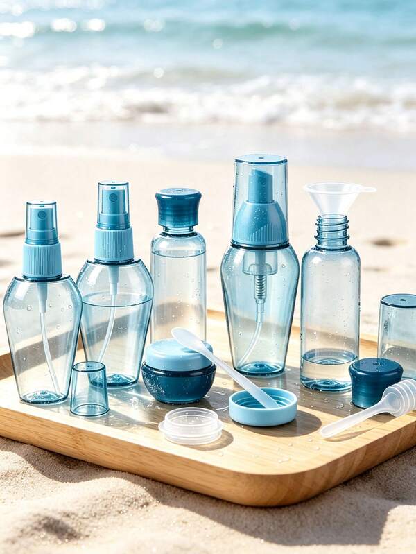 Tragbares Reise-Toilettenartikel-Nachfüllflaschen-Set, verschiedene Größen Sprühflaschen, Lotion- und Creme-Leerflaschen, inklusive vollständigem Set an Nachfüllwerkzeugen, Reise-Hautpflege-Nachfüllbehälter