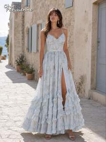 Blue Floral Chiffon V-Neck Backless Tiered A-Line Maxi Dress - 淺藍 - 查看 2