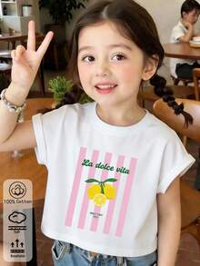 Charming Girls' Lemon Print T-Shirt With Pink Vertical Stripes And 'La Dolce Vita' Amalfi Coast Script - White - View 2
