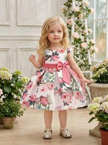 Baby Girls Bow Print Satin Cute Birthday Dress Suitable For Evening Party And Vacation, Fabric Pattern Random Cut, Headband Not Included - Multicolor - View 2