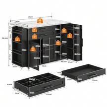 Mobile Kitchen Island With Foldable Worktop, Kitchen Trolley, 5 Wheels, Multiple Storage Options, Spice Rack, Cutlery Drawer, 120 X 45 (70) X 90 Cm - 黑色 - 查看 2