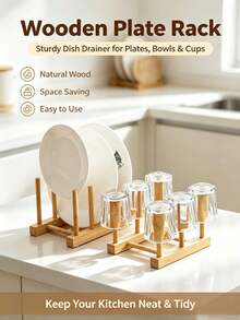 Bamboo Dish Drying Rack, Multi-Groove Plate Storage Holder, Kitchen Countertop Cup & Cutting Board Drain Organizer, Space Saving Tableware Display Stand For Home Sink Cabinet Pantry - Multicolor - View 2