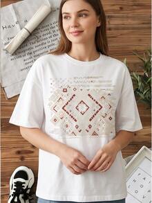 Kilim Geometric Totem Graphic Cotton Tee For Ladies, Boho Crew Neck Short Sleeve  Spring Summer Wear - 白色 - 查看 2