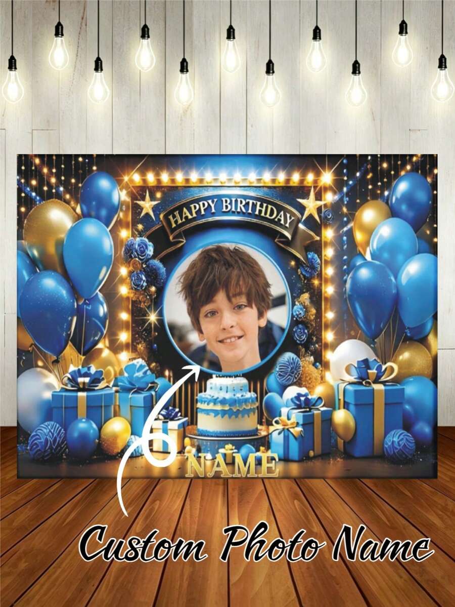 可客製化照片與姓名藍色亮面花卉氣球「Happy Birthday」設計背景布，藍色生日蛋糕禮盒裝飾，適用於生日派對蛋糕拍照背景與攝影橫幅 - 藍色 - 查看 1