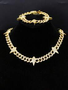 European & American Hip Hop Full Rhinestone Diamond Rhombus Spike Patchwork Cuban Chain Necklace & Bracelet Set, Heavy Rhinestone Studded Thick Chain, Unisex Rap Street Style Accessories, Gold & Silver Dual Colors Available - Spiked Cuban Link Chain - View 7