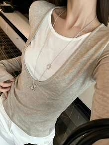 Women's Autumn/Winter Long Sleeve Lazy Chic Colorblock 2 In 1 T-Shirt, Design-Focused Round Neck Slim Fit Top - Color - View 3
