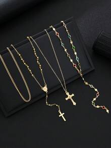 4pcs Fashion Elegant Sophisticated Personalized Exaggerated Luxury Old Money Style Colorful Rhinestone Cross Necklace Set For Men, Vacation Party Date Travel Shopping Beach Seaside Daily Wear Versatile Combination - Style 1 - View 5