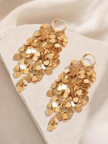 1 Pair Gold Tone Heart Disc Tassel Drop Earrings For Women, Layered Chandelier Hoop Dangle Statement Earrings For Party, Wedding & Vacation - Gold - View 4