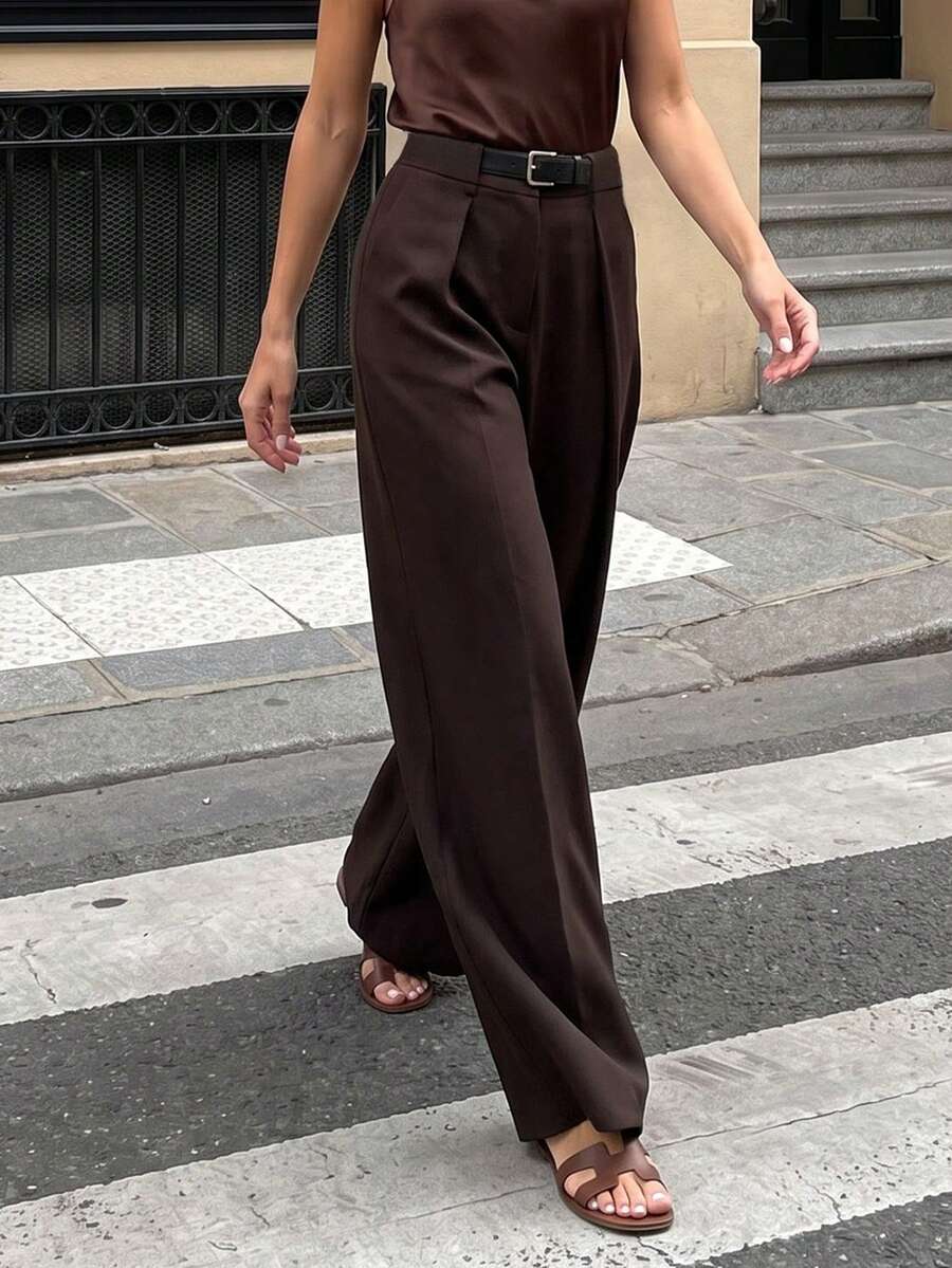 Women's High Waist Wide Leg Pleated Front Long Suit Pants, Loose Fit, Suitable For Spring Commute Office Business Casual - Brown - View 1
