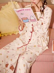 Gongdie 2pcs Miffy Women's Pajama Set, Spring/Autumn Cotton Cream White Textured Loungewear, Red Zigzag Trim With Star Print - Apricot - View 5