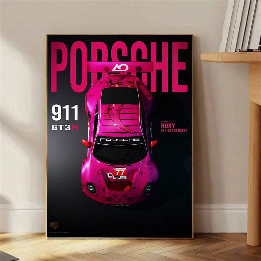 Pink Porsche 911 GT3 R R-OXY Vertical Canvas Poster, Dark Gradient Background Top Down Race Car Shot Big Bold "PORSCHE" Text Print, Unframed Wall Art For Car Enthusiast Garage Bedroom Decor - A - View 1