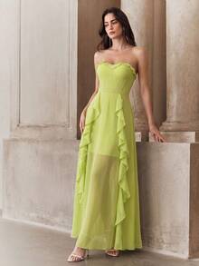 Solid Color Ruffle Hem Strapless Dress, Elegant For Birthday Party, Graduation Party, Music Festival, Photo Shoot, Travel Wedding - Green - View 4