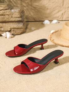 Sepatu Selop Wanita Bertumit Tinggi dengan Ujung Bulat dan Terbuka, Warna Emas Metalik, Sepatu Pesta Elegan untuk Liburan Musim Panas - Merah - View 6