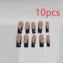10pcs 3D Pink Flower Nail Stickers, Square Medium-Long Black French High-End Minimalist Versatile Style, Y2K Gentle Sweet Cute Floral Handmade Nail Stickers, Suitable For Girls Daily Wear, Wearable Fake Nails, Nail Art Supplies - Multicolor - View 4