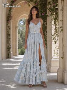 Blue Floral Chiffon V-Neck Backless Tiered A-Line Maxi Dress - 淺藍 - 查看 9