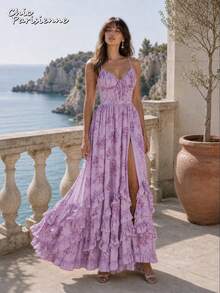 Purple Floral Chiffon V-Neck Backless Tiered A-Line Maxi Dress - 紫色 - 查看 12