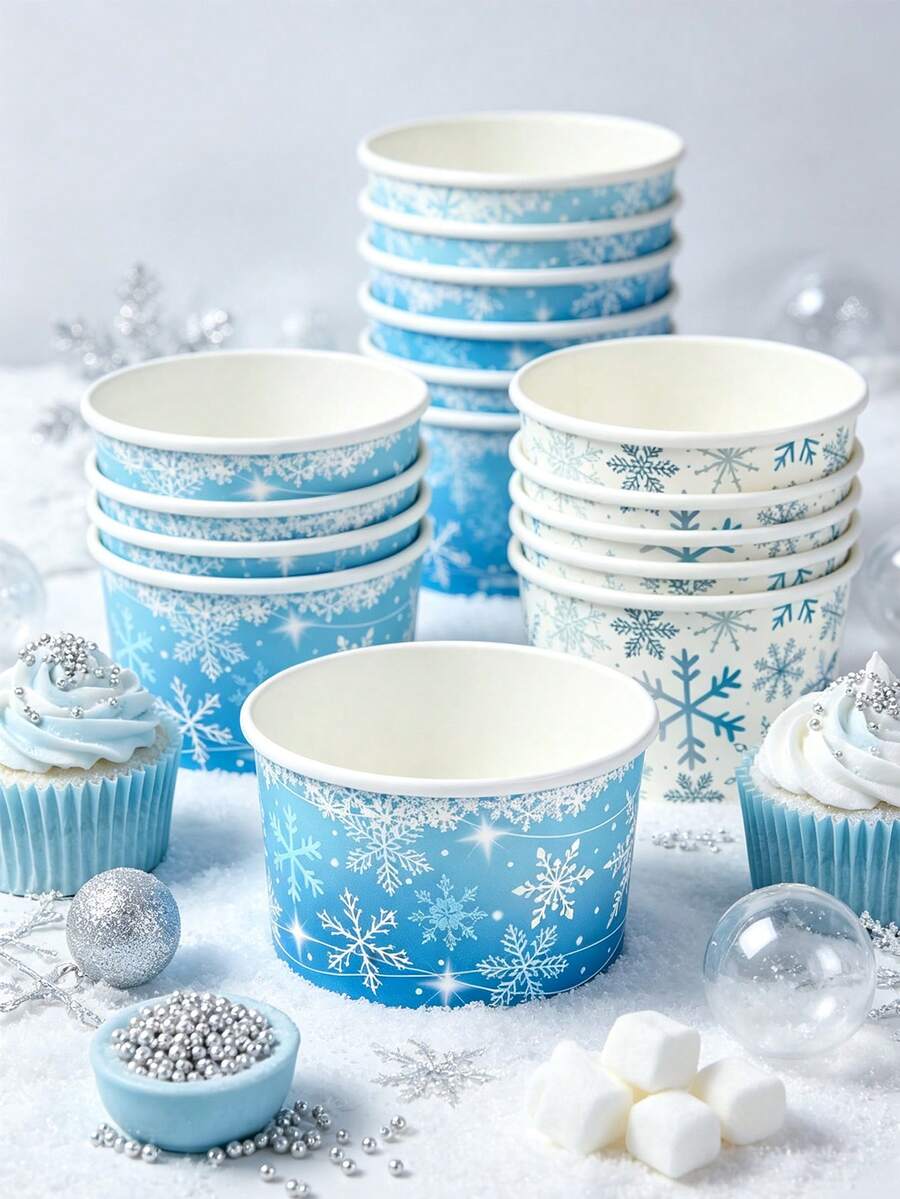 10個雪花印花一次性紙碗，聖誕派對食物一次性容器，紙製爆米花零食托盤，可盛裝零食、餅乾及其他食物，聖誕派對餐具，冬季派對零食盒，聖誕桌飾裝飾，聖誕居家裝飾，房間裝飾，廚房桌面用品，2026聖誕派對用品，2027新年裝飾，秋冬假期裝飾，聖誕派對小禮物