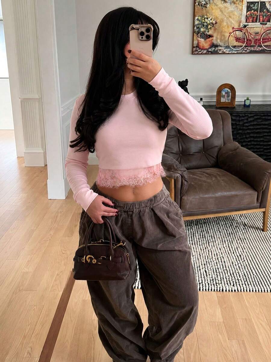 Pink Sweatshirts For Women Date Night Lace Crew Neck Sweatshirt Work Comfy Going Out Outfits Women - Pink - View 1