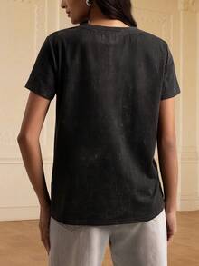 Women's Casual Slim-Fit Crystal T-Shirt With Faded Letter Tie-Dye Pattern For Spring And Summer, Suitable For Daily Wear - Black - View 5