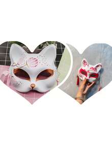Matching Cat & Fox Face Masks, Japanese Half-Painted Fox Mask And Cat Pattern Large Roleplay Mask, Theme Party And Celebration Decoration Props,Halloween - Multicolor - View 4