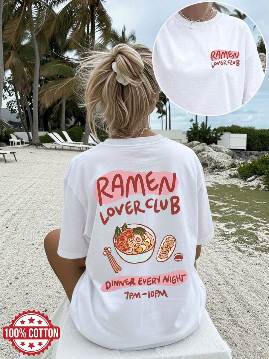Women's Summer T-Shirt, Double-Sided Print, Cute Style, Ramen And Chopsticks Theme Text, Ramen Print, Crew Neck, Short Sleeves, Dropped Shoulders - White - View 1