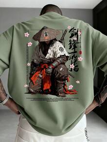大尺碼日式浪人武士印花男士短袖T恤 | 美式休閒寬鬆版型 | 適合夏季穿著 - 橄欖綠 - 查看 1