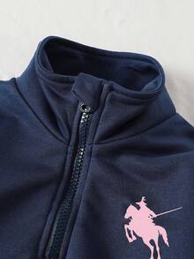 Young Girl Knight Pattern Stand Collar Sweatshirt And Pants Casual Set - Royal Blue - View 3