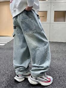 Boys' New 2026 Autumn Casual Loose Straight Leg Embroidered Denim Long Pants For Kids And Older Children - Light Wash - View 4