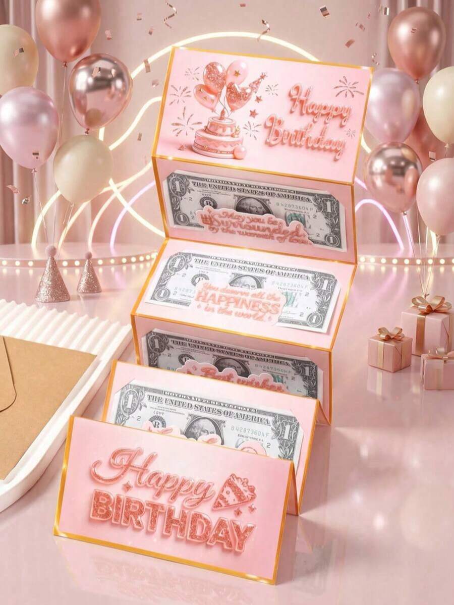 1 Set Pink "Happy Birthday" Foldable Money Card And Envelope, Pink Birthday Cake Pattern Foldable Money Card, Birthday Party Surprise Cash Gift, Anniversary Celebration Foldable Money Card - View 1