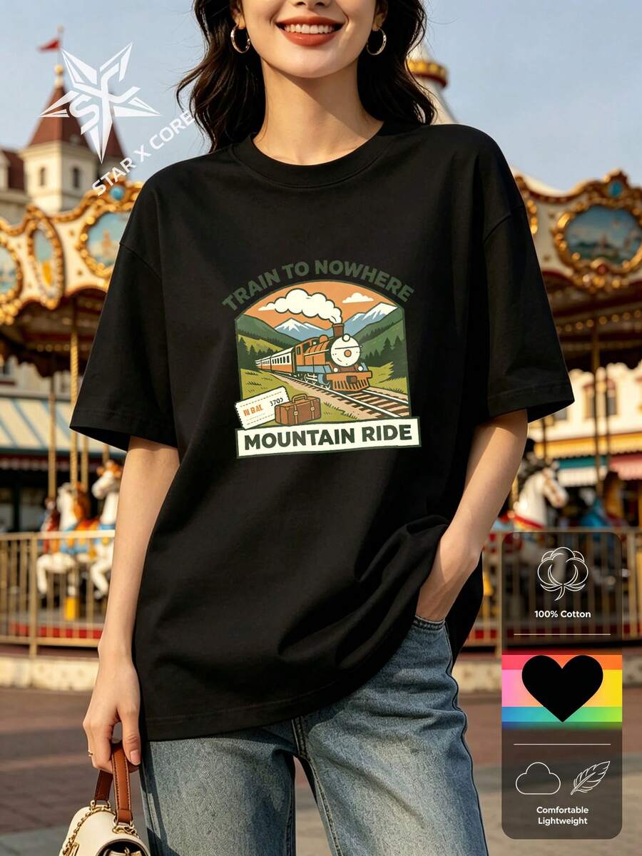 Mountain Ride Women's Short Sleeve Tee, Retro Train Travel Graphic - 黑色 - 查看 1