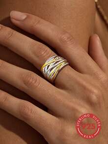 1pc 925 Silver Multi-Layer Hip-Hop Style Contrast Color Wheat Ear Line Design Couple Ring, Suitable For Casual Daily Wear, Parties, Holidays And Birthday Gifts - Silver - View 2