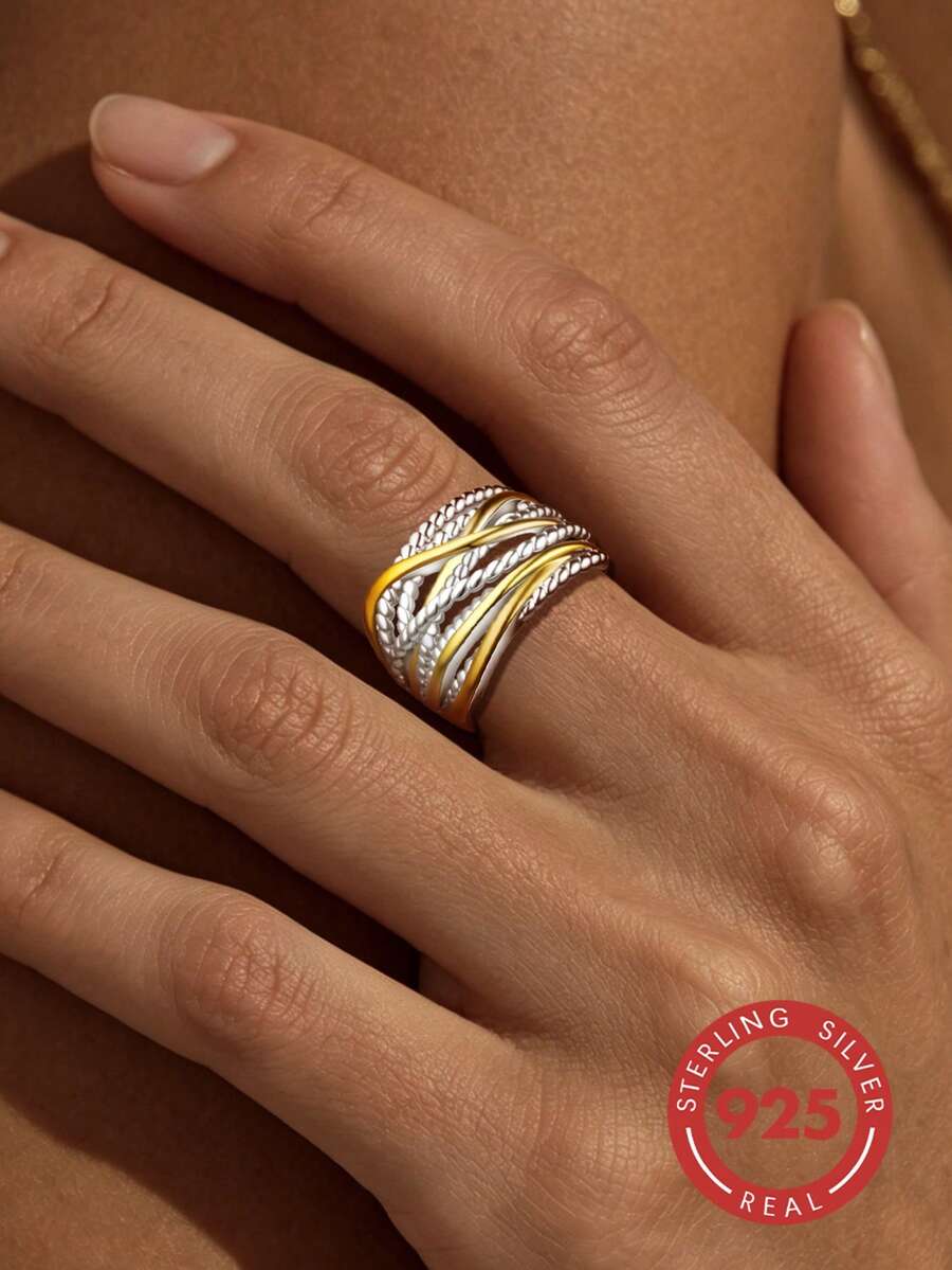 1pc 925 Silver Multi-Layer Hip-Hop Style Contrast Color Wheat Ear Line Design Couple Ring, Suitable For Casual Daily Wear, Parties, Holidays And Birthday Gifts
