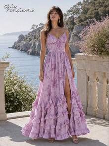 Purple Floral Chiffon V-Neck Backless Tiered A-Line Maxi Dress - 紫色 - 查看 1
