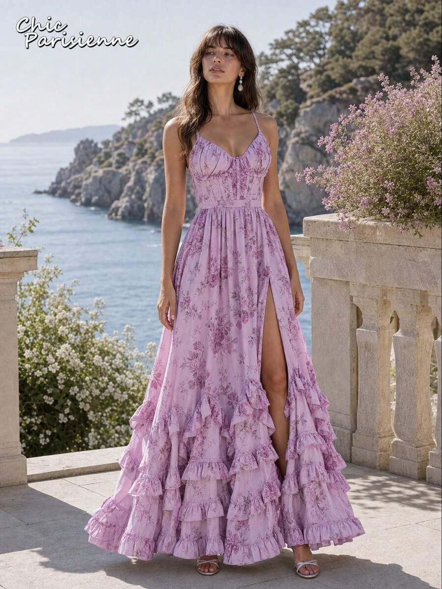 Purple Floral Chiffon V-Neck Backless Tiered A-Line Maxi Dress - 紫色 - 查看 1
