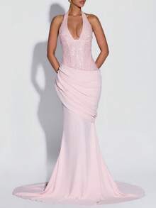 Sleeveless Solid Color Sexy Zipper Asymmetric/Asymmetrical Backless Party Wedding Dress - Pink - View 4