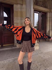 Women's Black & Orange Butterfly Wing Jacquard V-Neck Knit Long Sleeve Cardigan, Star Print Hem Short Length Outerwear, Suitable For Autumn/Winter - Multicolor - View 9