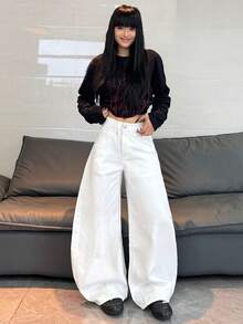 1pc American Street Style Embroidered Women's Cocoon Wide Leg Jeans, Loose Comfortable All-Season Long Pants (This Product Does Not Include Belt/Accessories) - White - View 6