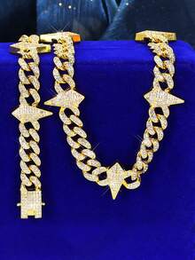 European & American Hip Hop Full Rhinestone Diamond Rhombus Spike Patchwork Cuban Chain Necklace & Bracelet Set, Heavy Rhinestone Studded Thick Chain, Unisex Rap Street Style Accessories, Gold & Silver Dual Colors Available - Spiked Cuban Link Chain - View 3