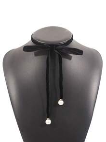 1 pieza Collar de mujer con lazo de terciopelo vintage, gargantilla de perlas elegante y minimalista de moda, cadena ajustable para la clavícula - Multicolor - Ver 11