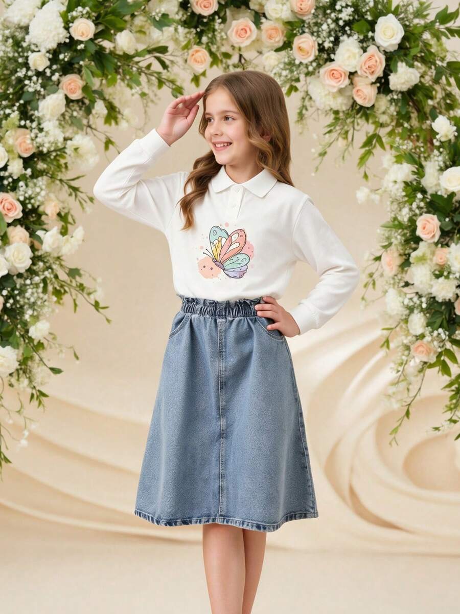 1件女童時尚百搭雪花牛仔裙,簡約舒適四季皆宜 - 中等水洗藍 - 查看 1