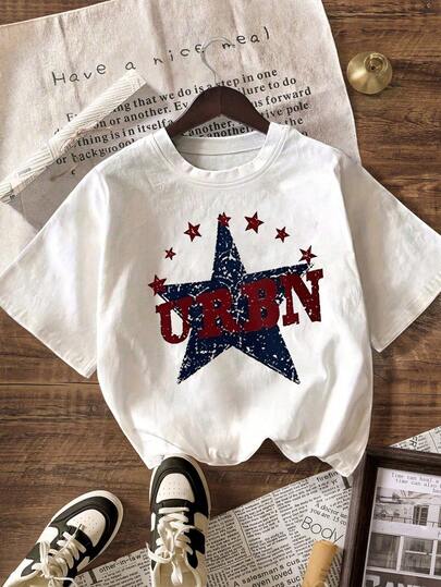 Kaos Wanita Gaya Retro Y2K Musim Panas Baru Kasual Katun Murni Motif Bintang Lima Berujung Rusak Lengan Pendek Warna Putih