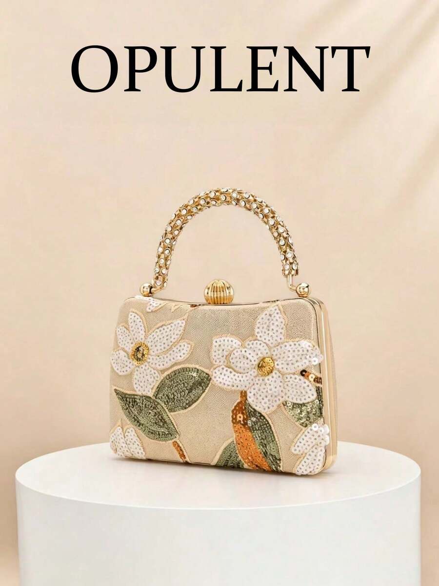 1pc Beaded Floral Leaf Embroidered Box Clutch, Sequin Handle Hard Shell Bag, Detachable Crossbody Chain, Elegant Wedding Bridal Evening Handbag - Apricot - View 1